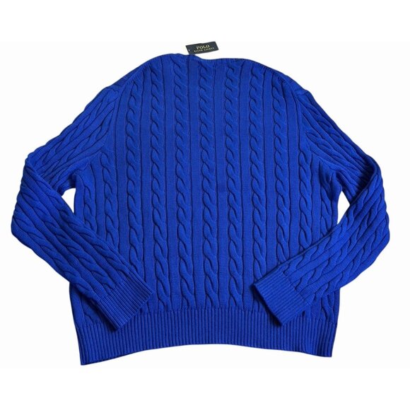 Polo Ralph Lauren XXL ROYAL BLUE CABLE Knit Crew-Neck Sweater GREEN PONY NEW - Picture 6 of 11